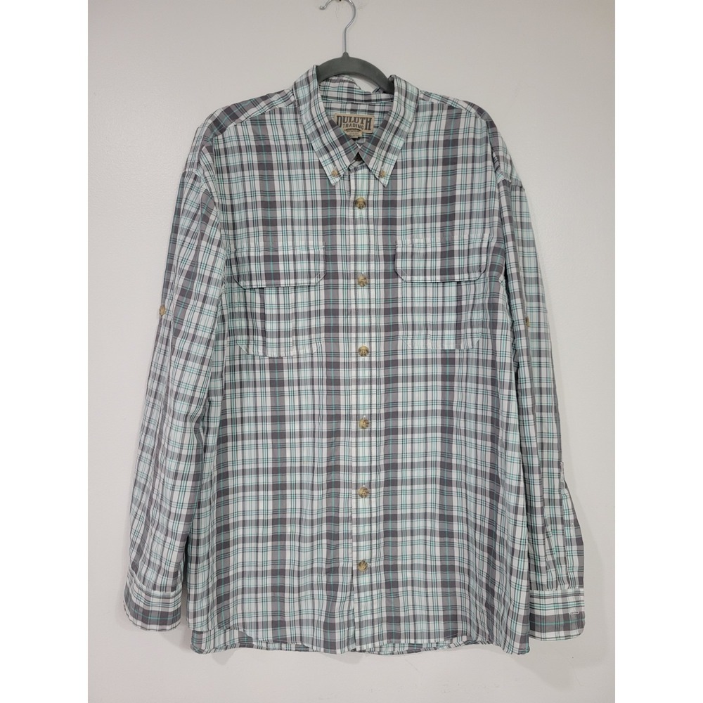 Duluth Trading Co Mens  Grey & Teal Plaid Long Sleeve Fishing Shirt XL